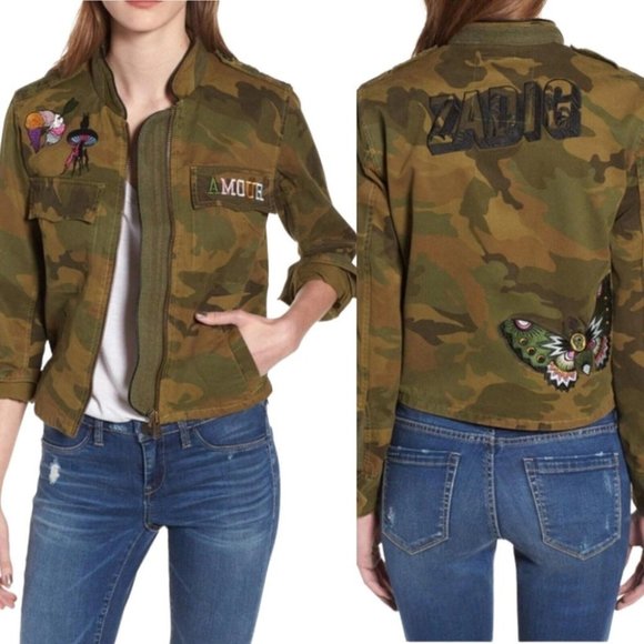 Zadig & Voltaire Kavys Embroidered Camo Bomber Jacket In Olive Size XS